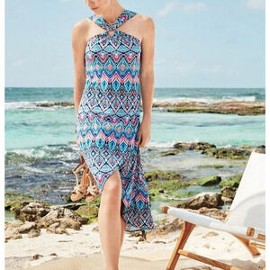 Tommy Bahama Prima Peacock Maxi Dress Size Small Stretch Ikat Halter Beach